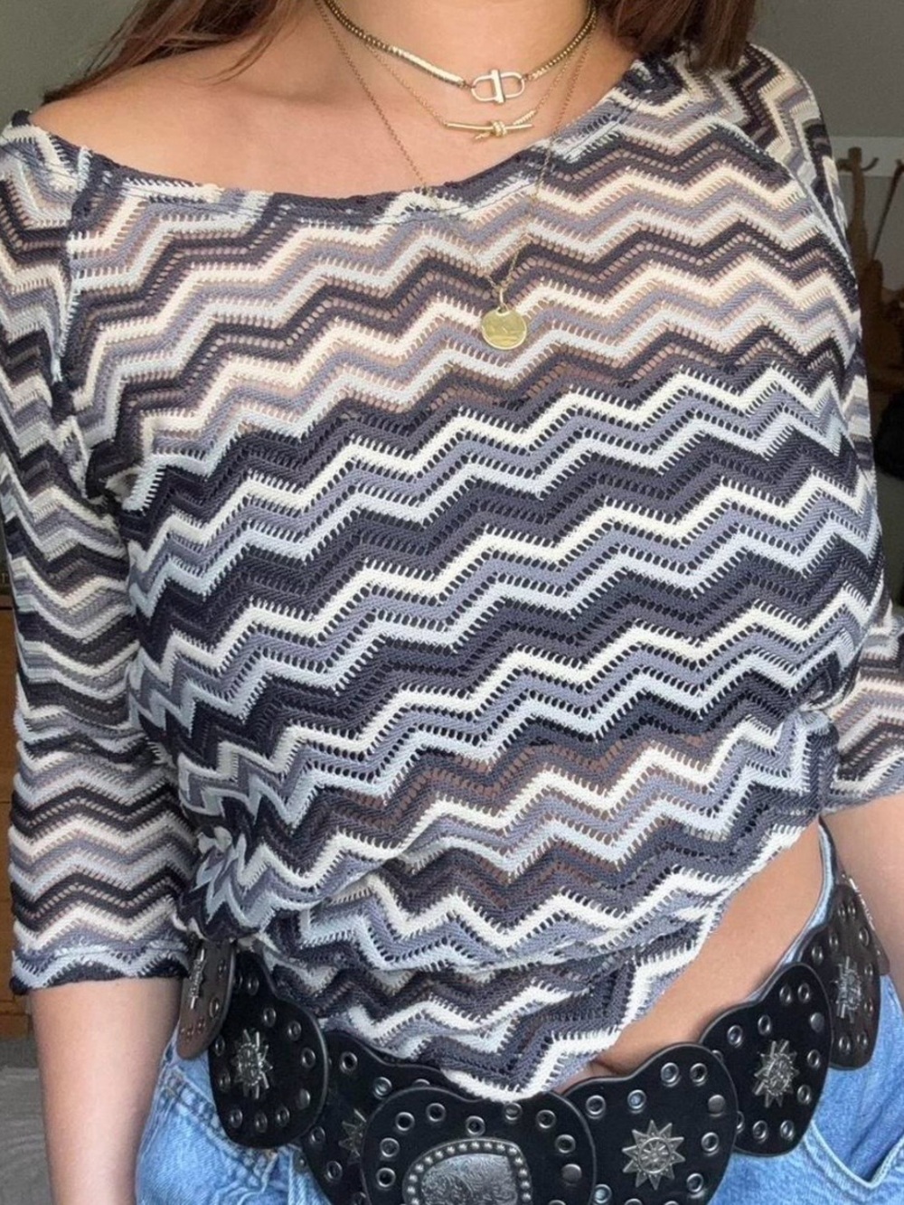 Sheer Chevron Knit Top - Black & White